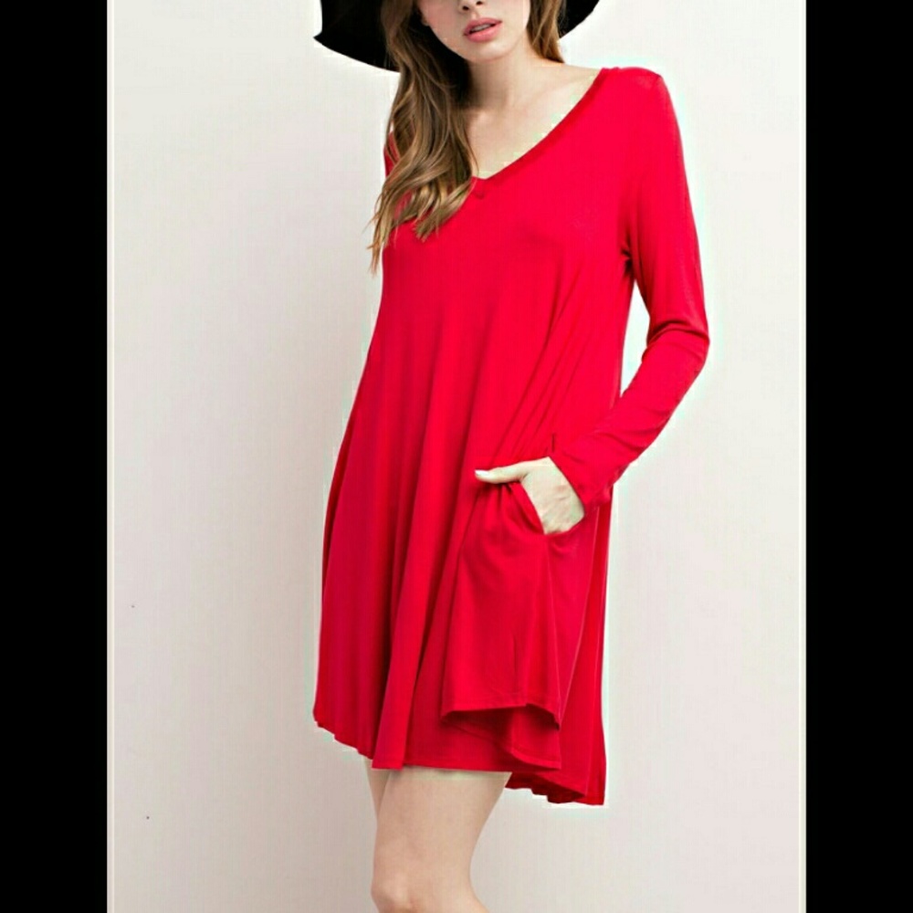 Red V-neck dress, pockets.
